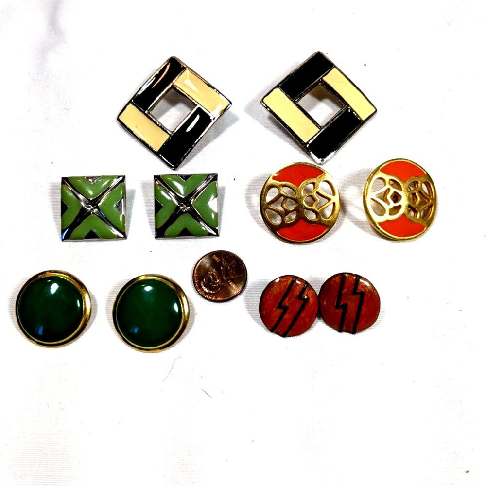 5 Pair Vintage 80s Enamel Earrings Gold Tone Silver Tone Studs Quiet Luxury Glam